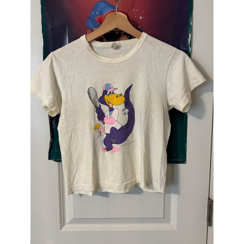 60s Hanes Jurassic Slugger Dinosaur Baseball Graphic T-Shirt Kids Medium 10-12